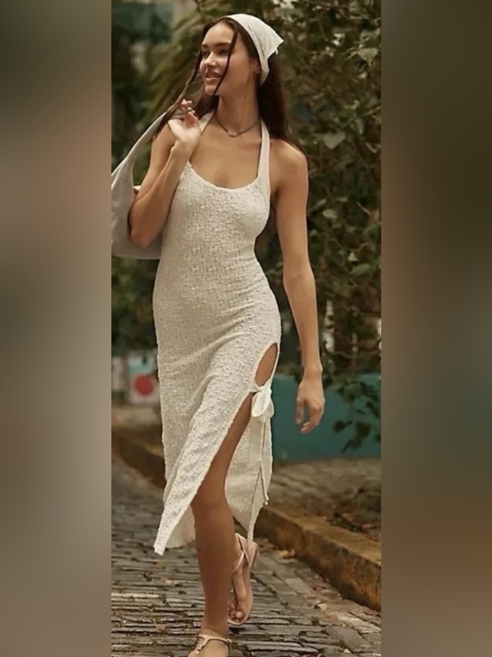 Free-Est Free People White Textured Halter Midi Dress Side Cutout Beach Boho XL - Picture 1 of 10